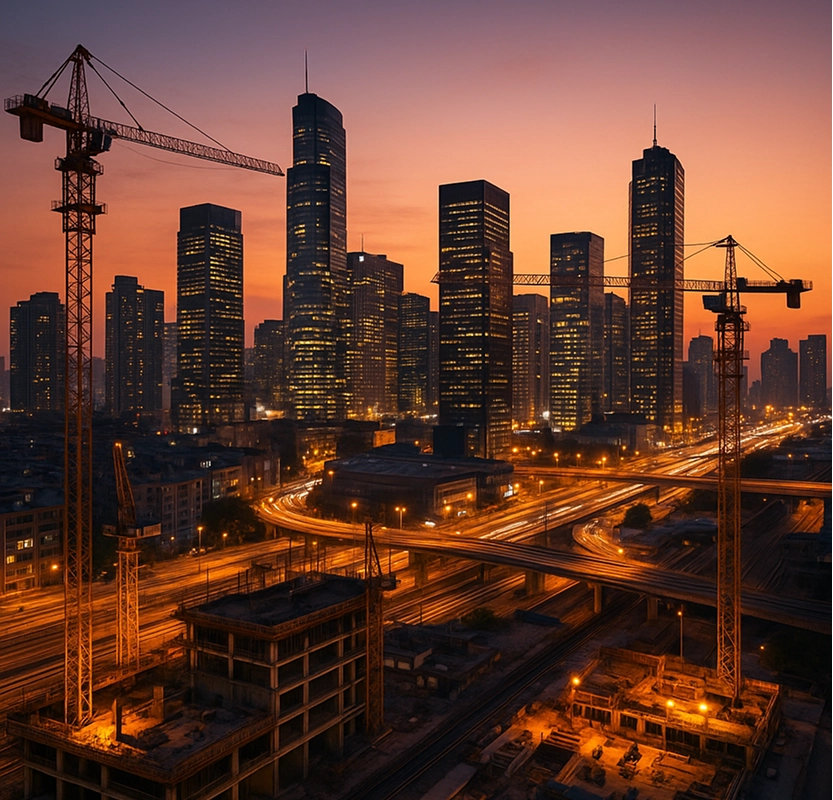 City skyline with construction cranes at dusk